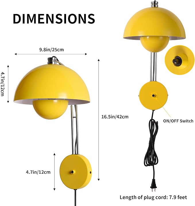 Mid-Century Modern Bud Plug in Wall Sconces for Bedroom, Lemon Yellow | Indirect lighting reading wall lamp, all-metal construction, plug-in or hardwired install, fits bedroom bedside, living room