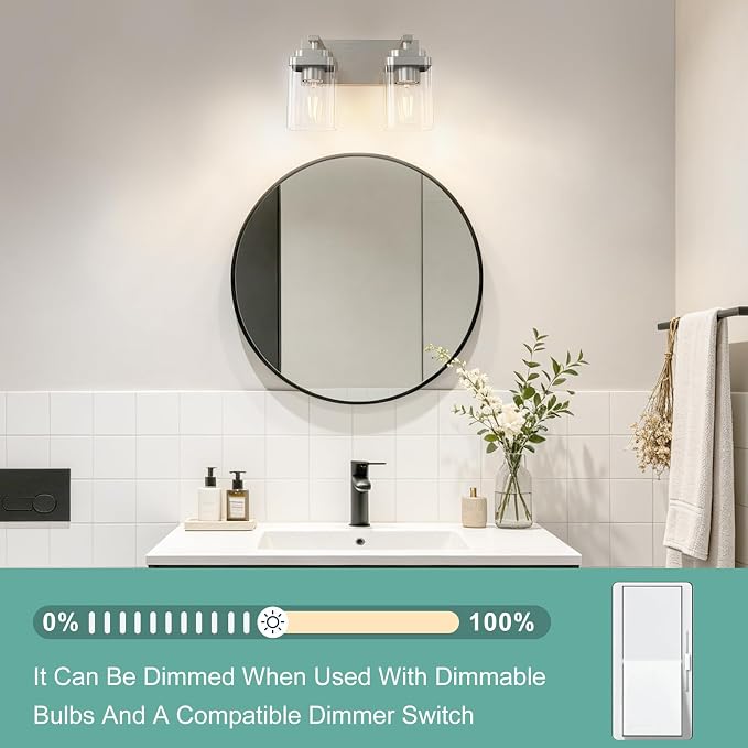 Brushed Nickel Bathroom Light Fixtures, 2 Lights Bathroom Lighting Fixtures Over Mirror, Square Design & Rectangle Large Backplate, Modern Vanity Lighting Fixtures, for Living Room/Bedroom