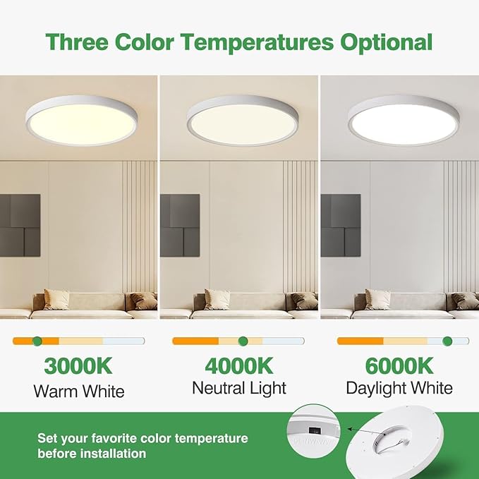 20 Inch Large LED Flush Mount Ceiling Light, 40W, 4350LM, 3000K/4000K/6000K CCT Selectable, Black Round Flat Panel Light, Fits for Hallway, Kitchen, Bedroom, Laundry Room(6-Pack)