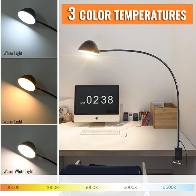 Long Gooseneck Clamp Lamp, Clip Desk Lamp with Clamp, 10W, 1100 LMS, 3 Color Modes, 10 Brightness Levels, 31 Inches Long Flaxible Gooseneck, Perfect for Craft, Reading, Home, Office