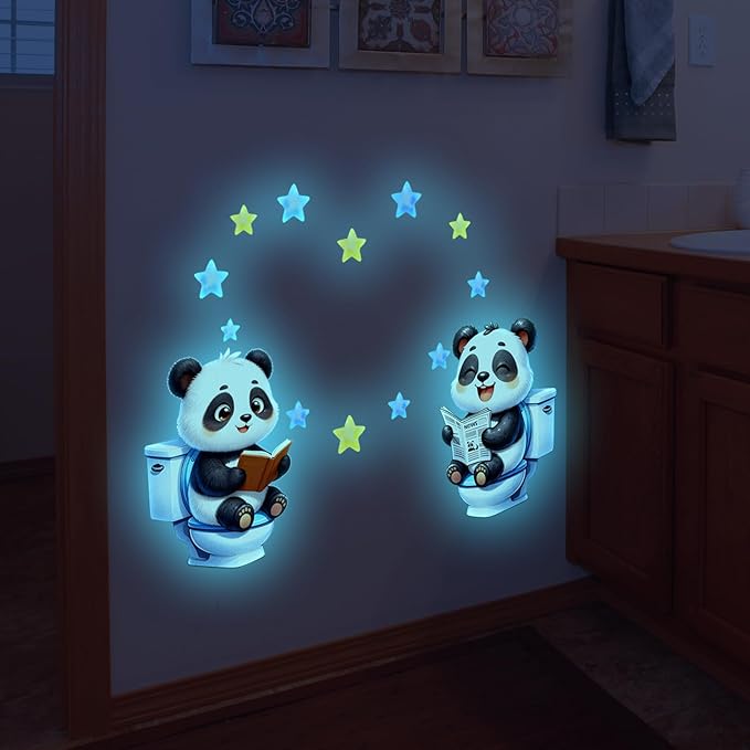 2 Sheets Glow in The Dark Panda Toilet Wall Stickers Cartoon Toilet Decals Bathroom Funny Panda Night Light Decor (Blue Panda)