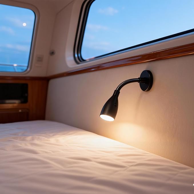 THALASSA Black RV 12V Flexible Gooseneck Reading Light Red Night Light Mode for Map, Camper Van Wall Sconce for 10V-30V System of Caravan Motorhome Trailer