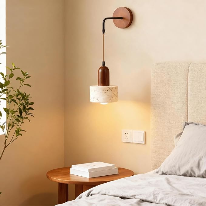 Faux Travertine Wall Sconce, 4.7" Hardwired Wall Mounted Light, Adjustable Height Mid Century Modern Marble Lamp for Bedroom, Bedside, Reading (E26 Bulb Not Included)