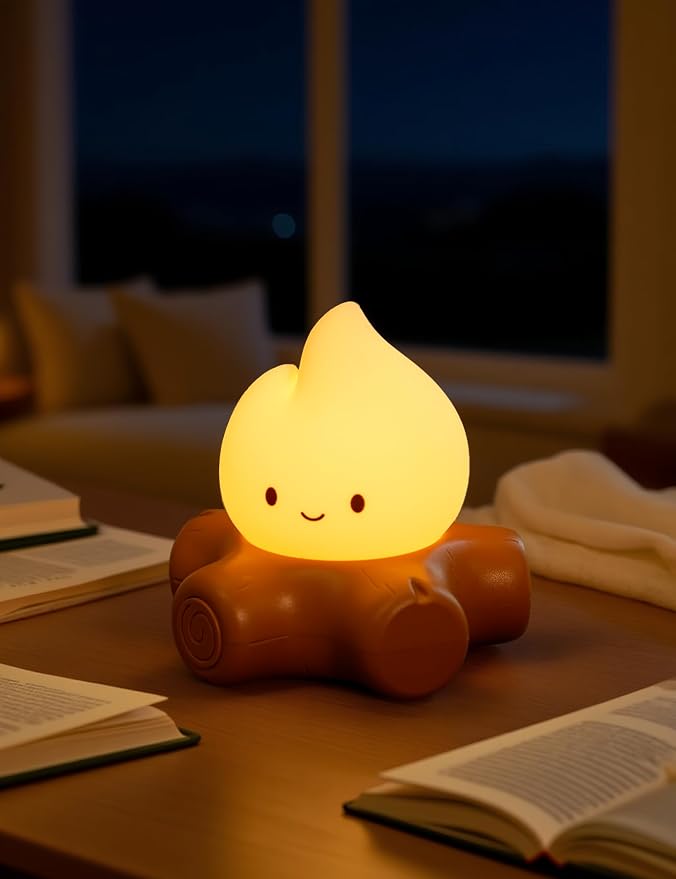 Campfire Camping Night Light, Flickering Flame Lights, Cute Gifts | Kids Camping Essentials, Silicone, Portable, Dimmable, Rechargeable Night Light, Flameless Candle Nightlight, Camping Decor