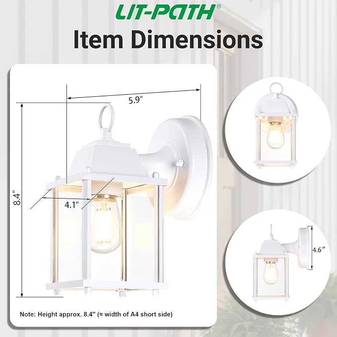 Outdoor Wall Light Fixture, Rustproof Aluminum, Clear Glass | Exterior Porch Light Wall Sconce Lantern for House, Patio, Garage, Waterproof, E26 Socket 60W Max, White, 2 Pack