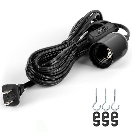 JACKYLED 1 Pack UL-Listed 20Ft Extension Hanging Lantern Cord Cable 360W with E26 E27 Socket On/Off Button Pendant Lighting Black