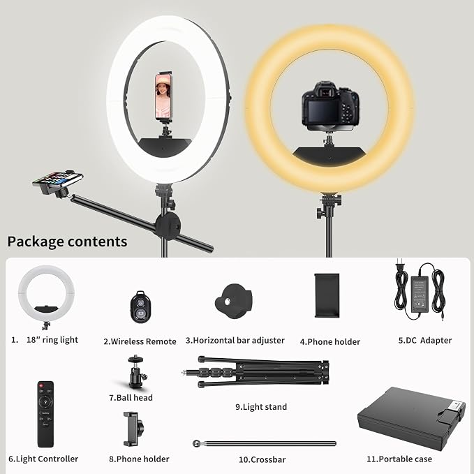 55W18 45cm Ring Light Kit [New Version] 6700K Dimmable LEDRinglightTripod Stand Dual Phone Holder for iPhone Selfie Makeup LashTattoo Studio Lighting Painting,Photo Video Recording (Black)