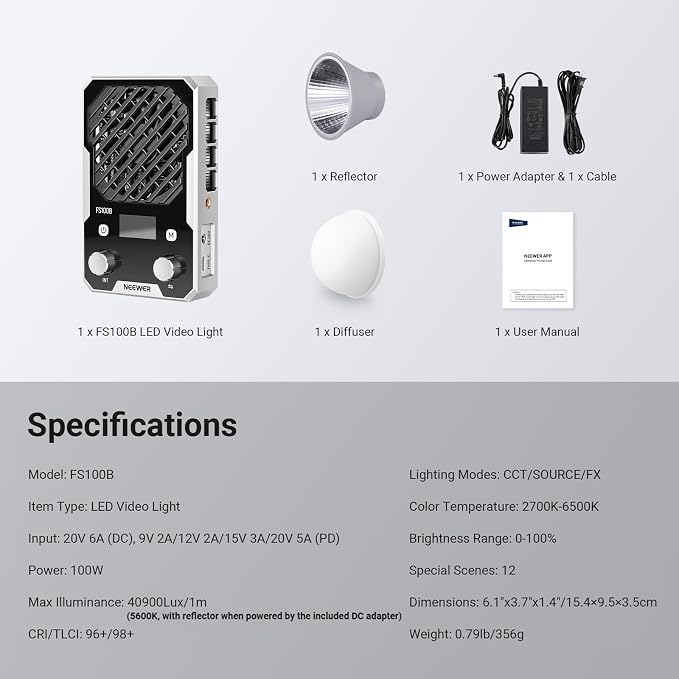 NEEWER 100W Ultra Compact LED Video Light APP/Panel Control, Pocket Size Bi Color COB Continuous Output Lighting with 4 Dimming Curves/2700K-6500K/CRI96+ for Studio Photography Recording, FS100B