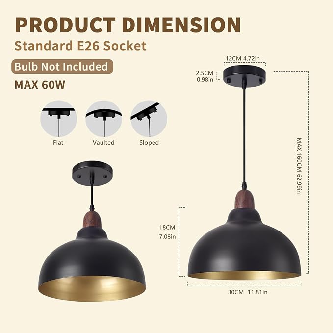 Black Pendant Light, 11.8" Farmhouse Black and Wood Hanging Pendant Lights Kitchen Island, Vintage Pendant Light Fixture Large Dome Chandelier for Kitchen Island, Dining Room