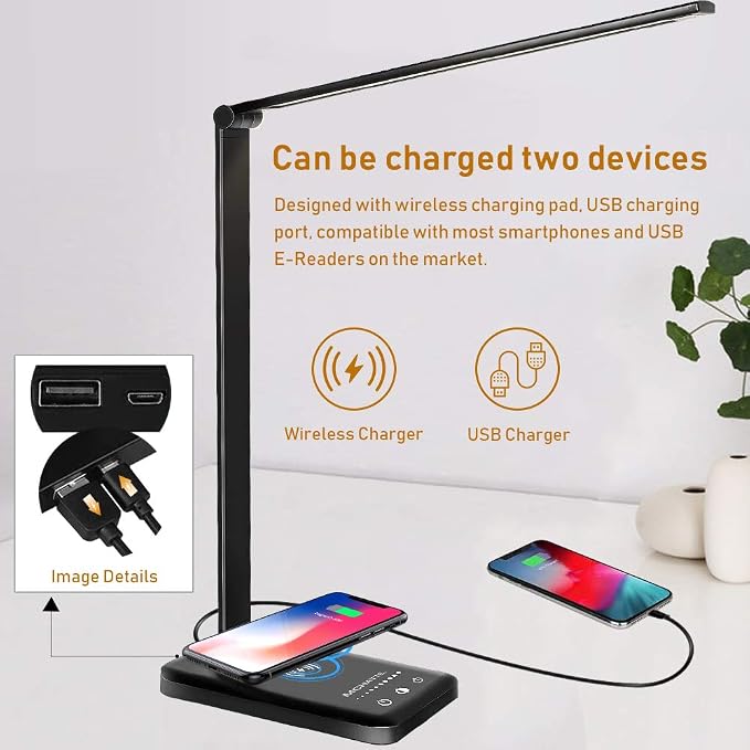LED Desk Lamp with Wireless Charger,Touch Lamp for Home Office Dorm | Dimmable Eye-Caring Lamp,5 Color Modes & 5 Brightness,Metal Lamp Desktop Lamp for Study,Work,Reading,30/60 Minutes Timer