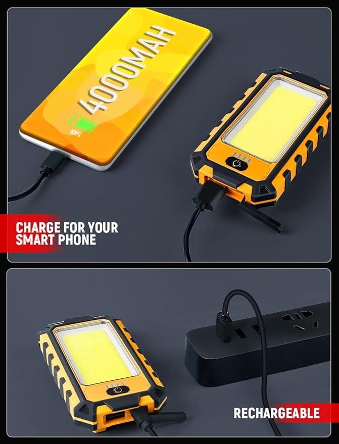 LED Rechargeable Magnetic Work Light 1500Lumens, Hanging Hook 4 Lighting Modes, Job Site Lighting for Car Repairing, Camping, Hunting, and Hurricane(Orange)