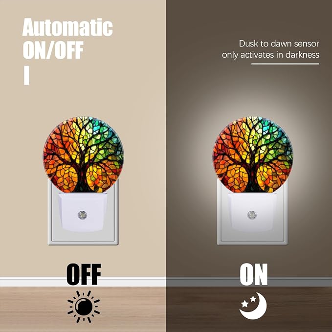 Round LED Night Lights Lamp with Dusk to Dawn Sensor, Artistic Color Panel Tree Night Light Plug Into Wall for Kids Room, Bedroom, Bathroom, Kitchen, Hallway
