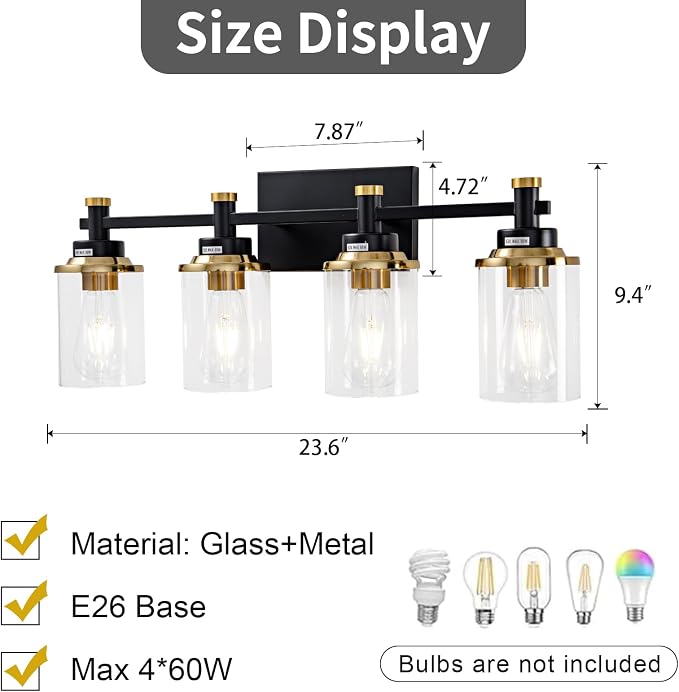 Modern Black & Gold Vanity Lights - 4 Light for Bathroom Over Mirror, Vintage Sconce with Clear Glass Shade