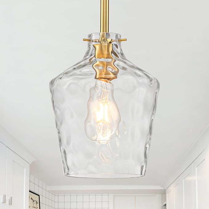 foucasal Modern Hammered Glass Pendant Lighting for Kitchen Island, Adjustable Height Rods Hanging Light with Ceramic E26 Light Socket for Dining Room Foyer Bedroom Bathroom Gold
