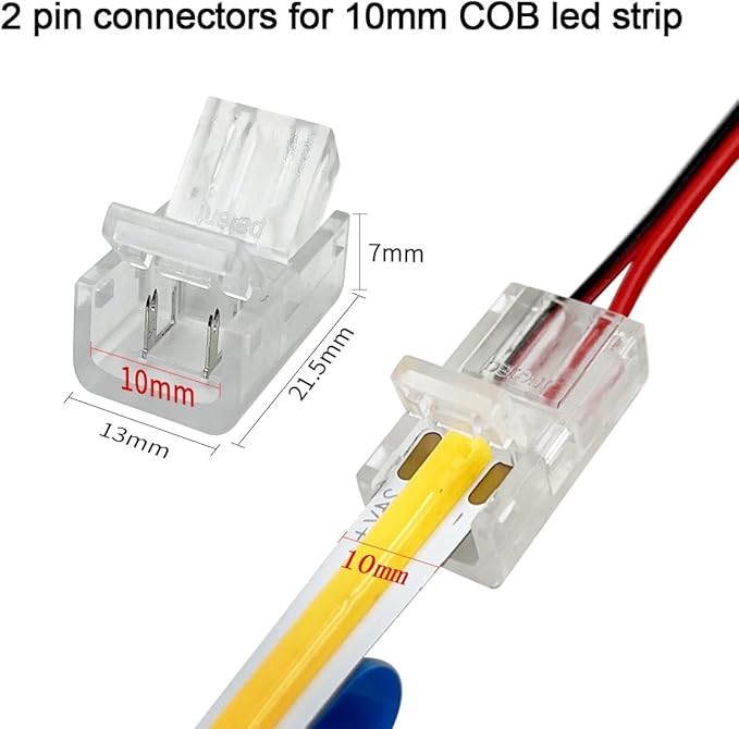 HAMRVL 10mm COB LED Strip Light Connectors Strip to Wire Solderless Transparent Track Lighting kit Adapter Connection, with 6M/19.68ft Led Wire Extension Cable for 5050 Led Tape 12/24V (2 Pin, 10mm)