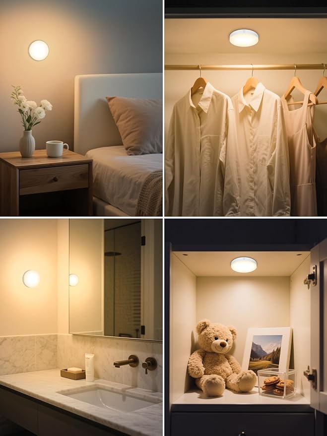 WILLED 3000K Dimmable Touch Lights, Battery Rechargeable Tap Lights, Magnet Stick on Closet Light, Portable LED Puck Night Lights for Cabinet, Wardrobe, Counter, Kitchen, Bedroom (2 Pack)