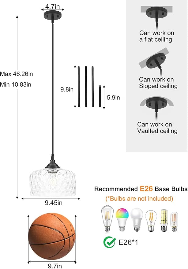 Daunton Black Pendant Light Fixtures, Pendant Lights Kitchen Island with Hammered Glass Shade for Modern Kitchen Island, Adjustable Hanging Ceiling Pendant Light for Dining Room Kitchen Sink Bathroom
