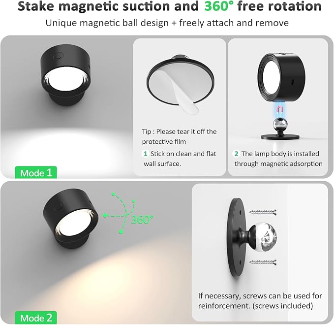 Racokky LED Wall Lights 2 Pcs with Remote, Wall Sconces Lighting 3000mAh Rechargeable Battery Operated, 3 Color Temperatures & Dimmable Magnetic 360° Rotation Cordless Lamp for Bedroom Hallway(Black)