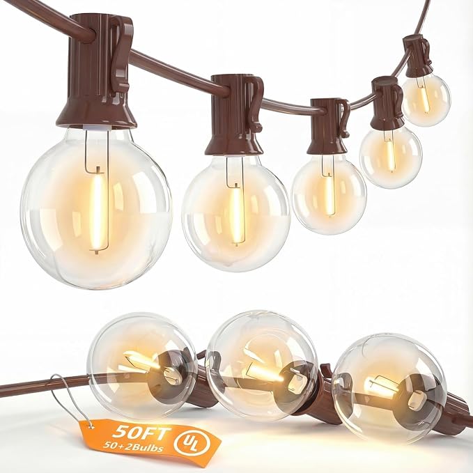50FT Brown Outdoor String Lights, Shatterproof LED Globe Edison String Lights with 50 G40 LED Bulbs, Waterproof Connectable Hanging Light for Backyard Patio Porch Balcony Party Decor, E12 Base