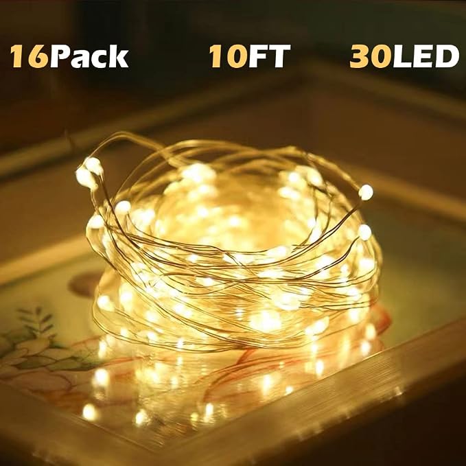 SOCO 16 Pack LED Fairy Lights Battery Operated - 10FT 30LED Copper Wire Mason Jar String Lights, IP65 Waterproof, Bendable for Indoor/Outdoor, Christmas, Wedding, Party, Camping Decor