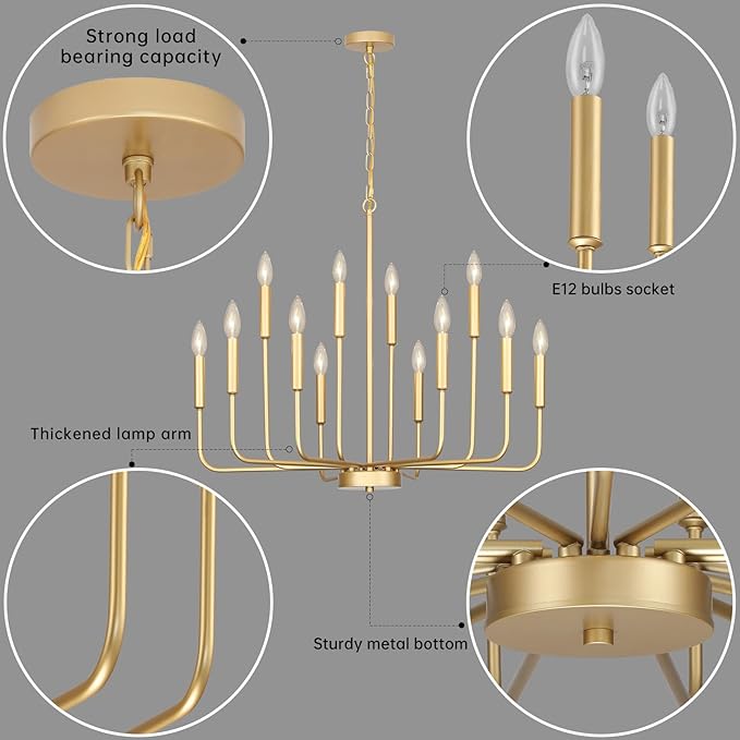 Gold Chandeliers for Dining Room Light Fixture Over Table, Modern Farmhouse Chandeliers for Living Room,12-Lights Candle Lighting Fixtures for Entryway Kitchen Island Foyer