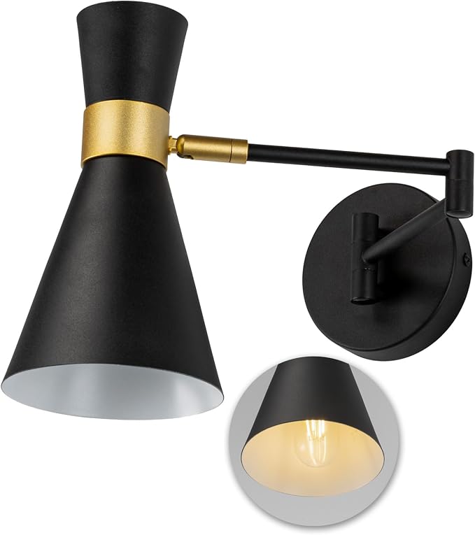 OSYNNIQ Wall Sconce Light with Adjustable Swing Arm for Bedside Reading | Wall Lamp, Modern, Industrial, Lighting Fixture, Black, Hardwired, for Bedroom/Living Room/Indoor, LED E26 Bulb Included