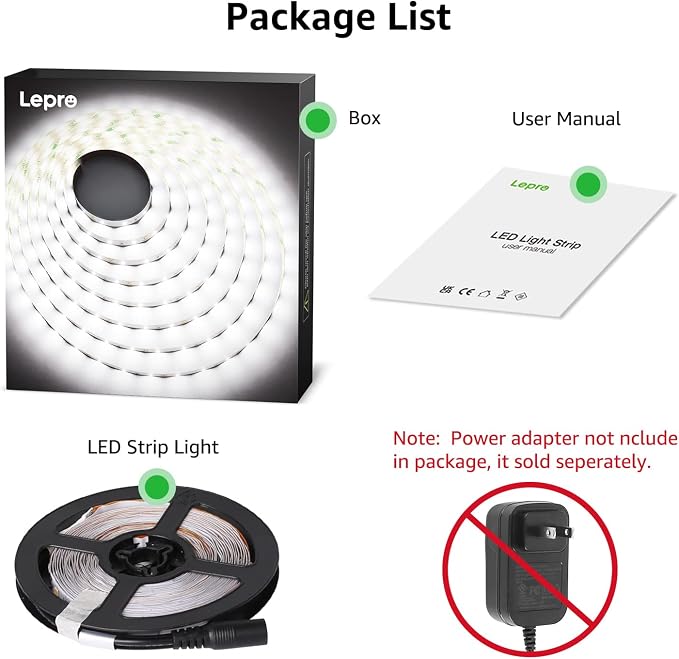 Lepro 12V LED Strip Light, Flexible, SMD 2835, 16.4ft Tape Light for Home, Kitchen, Party, Christmas and More, Non-Waterproof, Daylight White(Not Include Power Adapter) (Pack of 2)