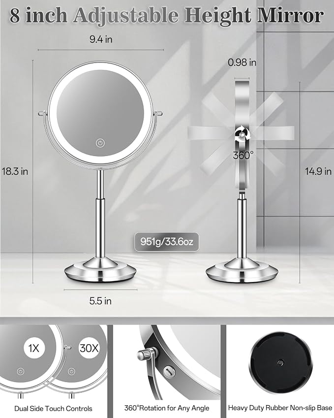 1X/30X 8" Magnifying Makeup Mirror with Lights Height Adjustable for Desk | 3000mAh Rechargeable Lighted Magnifying Mirror Double Sided Vanity Mirrors with 3 LED Lighting Touch Dimmable for Women Gift