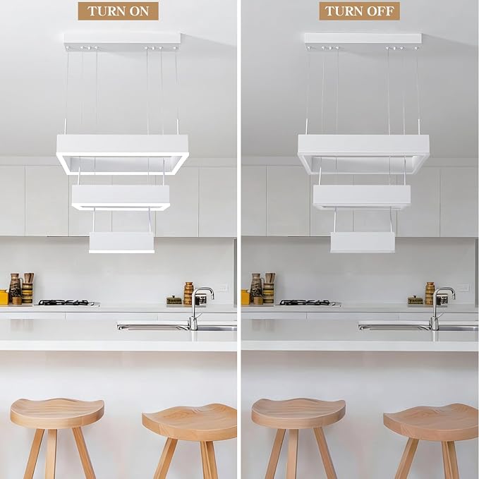 O'NEELDY Modern Chandelier White Pendant Lights Square LED Dining Room Light Fixture Height Adjustable Kitchen Island Lighting 3 Rings Flush Mount Chandeliers for Living Room,Bedroom,Dining Table