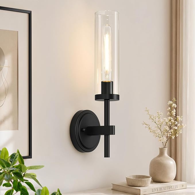 MOKATNG Hardwired Wall Sconces, Matte Black Bathroom Sconces with Clear Glass, Modern Wall Light Fixtures for Bathroom Mirror Vanity, Living Room, Bedroom, Hallway, Stairway, Cabinet, Foyer