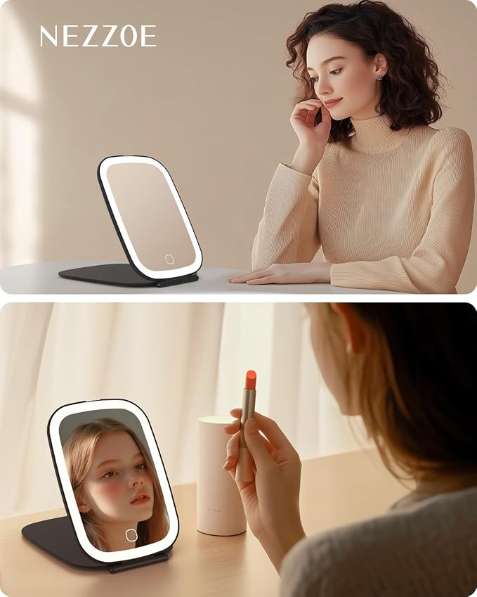 NEZZOE Rechargeable Travel Makeup Mirror with LED Light, 7x5 Inch, Black | Portable Lighted Makeup Mirror, 3 Lighting Modes, Dimmable Touch Control, Foldable Compact Vanity Mirror