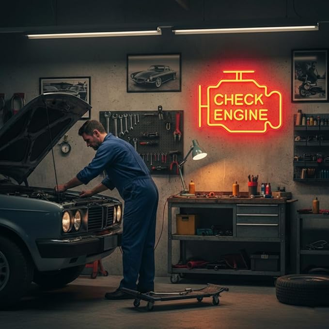 Check Engine Neon Signs for Wall Decor, Garage Led Neon Light Sign for Man Cave Decor, Funny Gifts for Dad & Car Guys, Mechanics, Auto Repair Shop, Workshop, Garage Decor, USB Powered