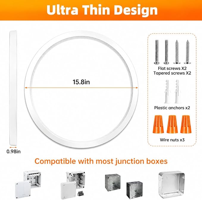 15.8Inch LED Flush Mount Ceiling Light,5CCT,ETL Listed,DimmableWhite | Hardwired 5CCT Selectable 2700K-5000K,30W 3400LM Dimmable Round Flat Panel Light Fixture for Living/Bedroom,Porch&Indoor