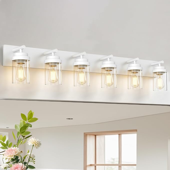 IZORRO Bathroom Vanity Light Fixture, 6-Light 46 Inch White Bathroom Light Fixtures Over Mirror, with Clear Glass Shade, Modern Farmhouse Vanity Lights, Rustic Restroom Lighting Fixtures