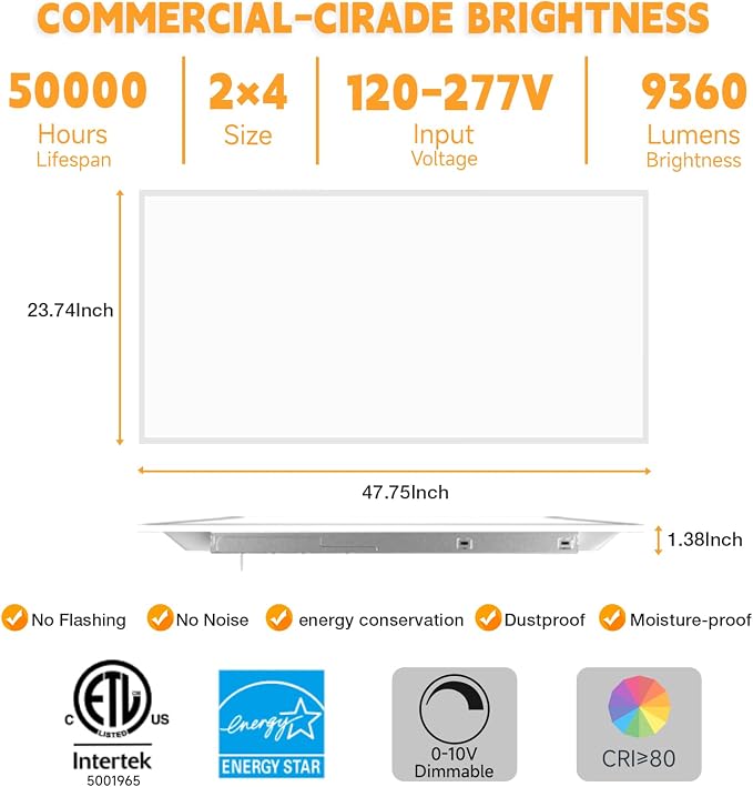 OKQ 2x4 LED Flat Panel Light Drop Ceiling Office Fixture, 5 CCT 3000K-6500K Adjustable & 5 Wattage Selectable,0-10V Dimmable, 2X4 LED Flush Mount Ceiling Light, ETL Listed 2Pack