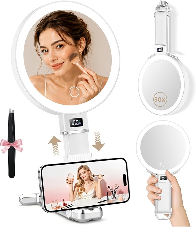 MIYADIVA Upgraded Gen 2 Travel Makeup Mirror with Lights, Height Adjustable 30X/1X Magnifying Mirror, Portable Foldable Mirror with Digital Display & Phone Holder, Handheld Tabletop Hanging