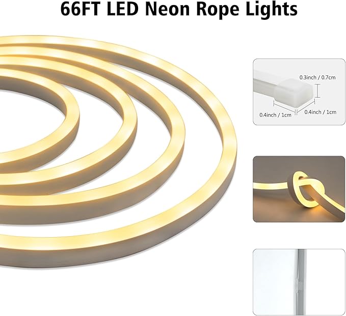 DBFAIRY 66Ft LED Neon Rope Lights, 24V Dimmable 2400LEDs Strip Neon Light, 2700K Flexible Silicone Rope Lights Super Bright IP67 Waterproof with Timer Function for Indoor Outdoor Decor(Warm White)