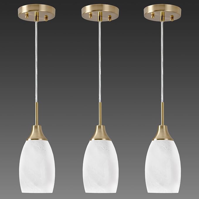 Viinew 4.72" Glass Pendant Light,3-Pack White Oval Glass Hanging Light | Handblown White Swirl Hanging Pendant Lamp Mini Art Glass Chandelier for Kitchen Dining Room Brushed Gold