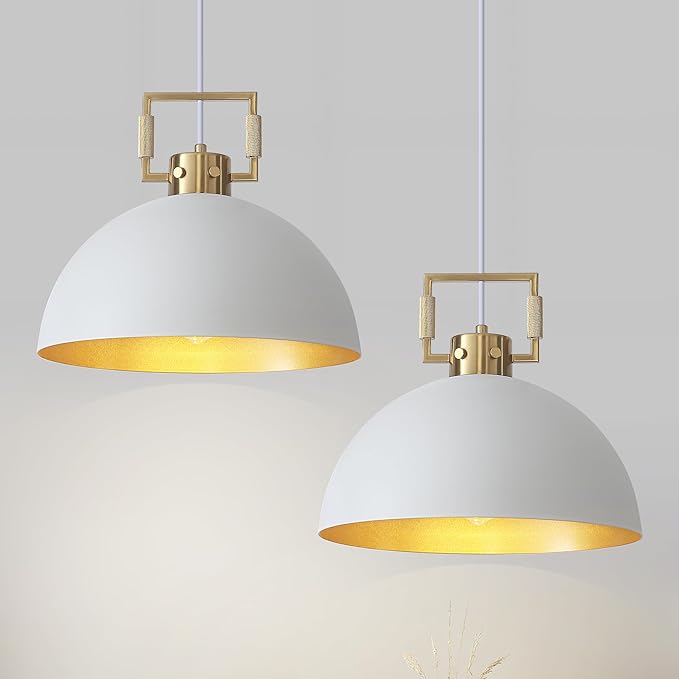 12'' Farmhouse Pendant Light 2 Pack White and Gold for Kitchen Island, Dome Industrial Metal Hanging Lighting Fixtures, Adjustable Height Dining Room Chandelier for Hallway and Foyer