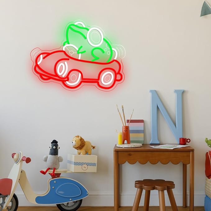 Frog Car Neon Sign Frog Driving Car Neon LED Light Cute Animal Toad Light Sign for Wall Decor Man Cave Game Room Playroom Zoo Party (12.6 * 16.54In)