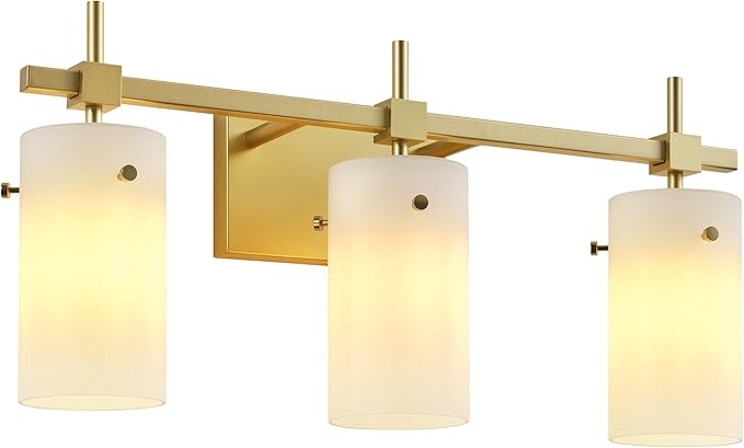 SOLFART 3-Light Bathroom Vanity Light, Modern Brushed Gold Wall Lights with Milky White Glass Shades, Bathroom Wall Sconce Lamp for Mirror Living Room Bedroom Hallway (Bulbs Not Included)