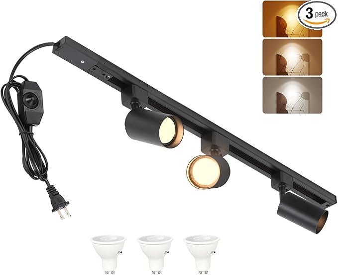 3-Color Dimmable Plug in Track Lighting with Power Cord, 3-Light Black | 13FT Dimmable Plug Cord | 3000K 4000K 6000K Adjustable | 6W GU10 Bulbs Included | LED Ceiling Spot Light Fixtures for Kitchen