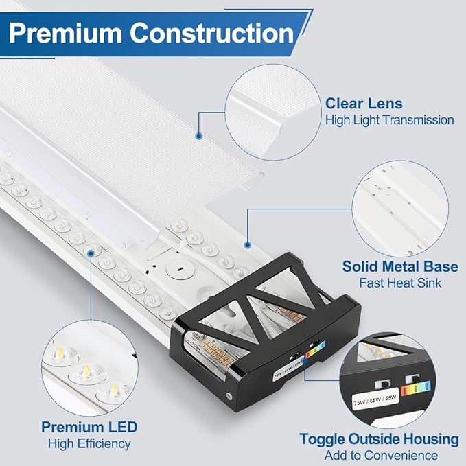 DAKASON 4FT LED Light Fixture for Kitchen Ceiling with Night Lighting, 48inch Wraparound for Laundry 75/65/55W 3/4/5000K Selectable, 4' Shop Light Replacing Fluorescent Tube 4Pack