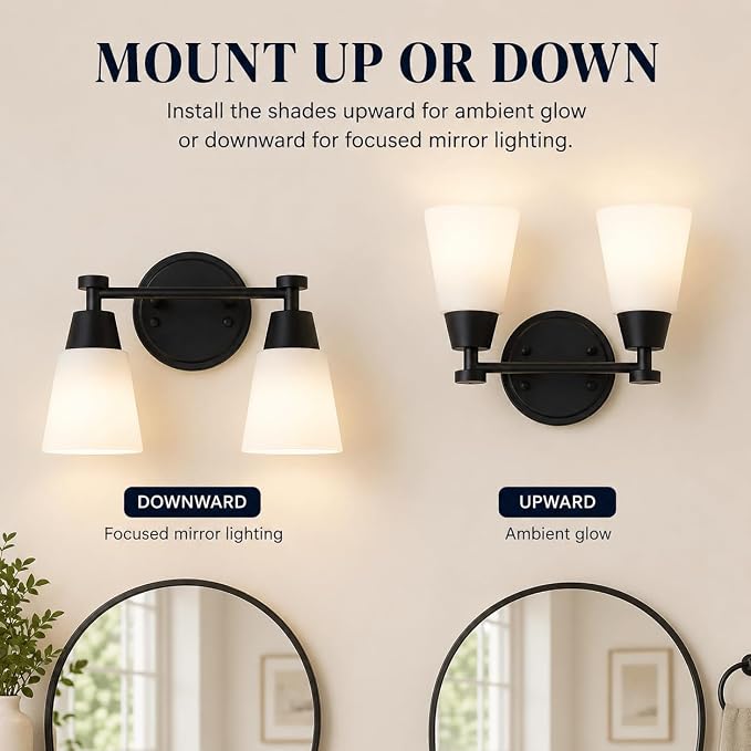 Bathroom Vanity Light, 2 Light Modern Matte Black Stainless Steel Over Mirror Vanity Light Fixture with Frosted Glass, Wall Sconces Lighting for Bedroom Living Room