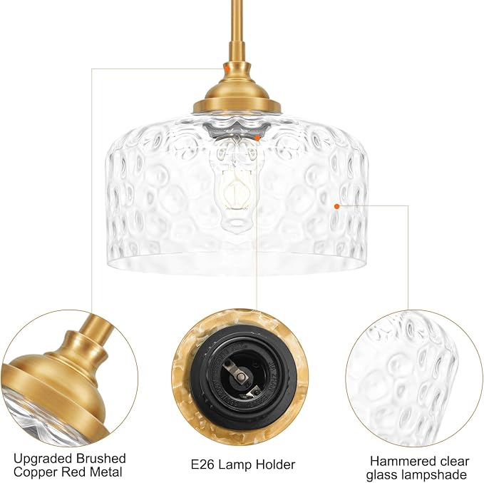 Modern Pendant Lights Kitchen Island, Brushed Gold Pendant Light Fixtures with 9.45" Clear Hammered Glass Shade, Industrial Hanging Pendant Lights for Kitchen Island Dining Room Bedroom Entryway