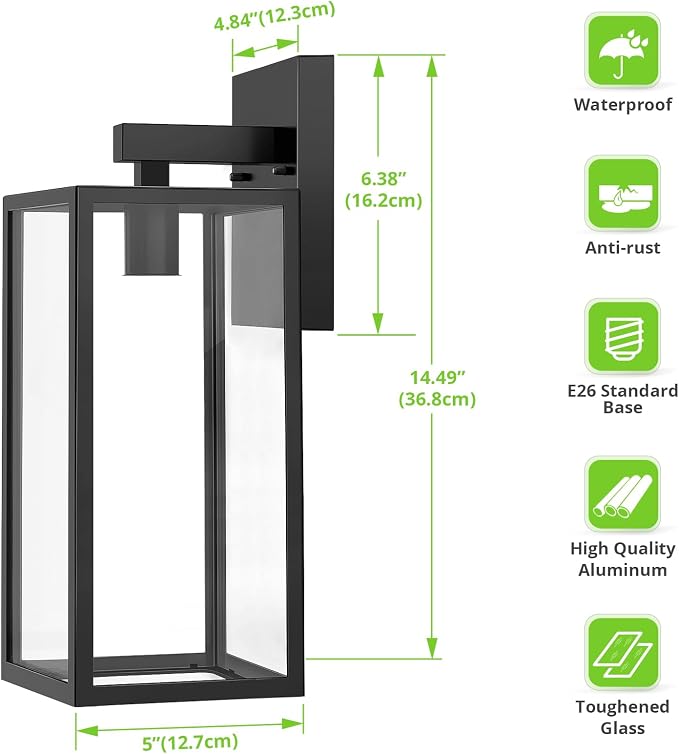 MAXvolador Outdoor Wall Light Fixtures, Exterior Waterproof Wall Lanterns | Extra Large Black Porch Wall Light, Anti-Rust, E26 Socket, Clear Glass Outside Wall Mount Sconce, Front Door Lighting, 2 Pack
