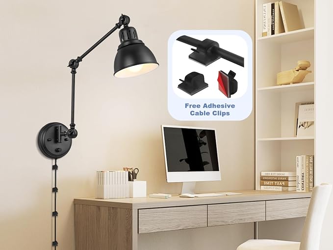 GOODATE 2 Pack Plug in Wall Sconces with Remote, Dimmable, Adjustable Colors, Swing Arm Wall Lamps, Wall Sconces Set of Two with Timer & Night Light, Plug-in or Hardwired (Black, with Bulbs+Remote)