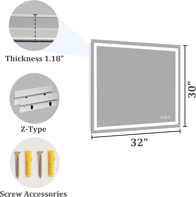Koonmi 32x30 LED Bathroom Mirror with Light, Anti-Fog, 3 Colors | Backlit + Front Lit, Dimmable Brightness, Shatterproof HD Distortion-Free Tempered Glass, Hardware Included