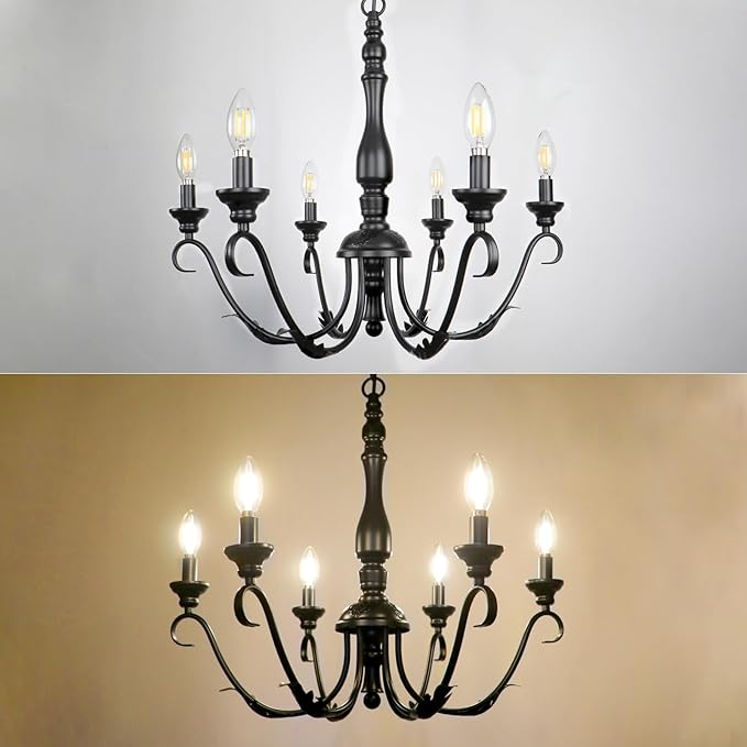 6-Light Black Chandelier, 23.62'' Farmhouse Rustic Chandeliers for Dining Room, Modern Industrial Metal Hanging Light Fixture, Vintage Chandelier for Foyer Entryway Hallway Kitchen