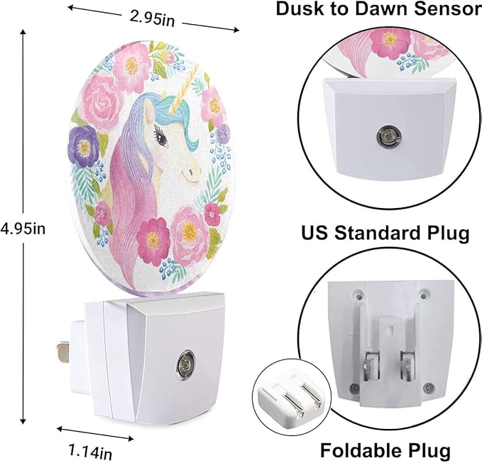 Girl Unicorn Plug in Night Light Cute Animal Unicorn with Rainbow Hair Spring Flowers Leaf Nightlight Dusk to Dawn Sensor LED Lighting for Bedroom Bathroom 0.5W Sleep Friendly